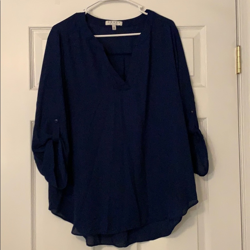 Navy Blue Chiffon Long Sleeve Blouse Top